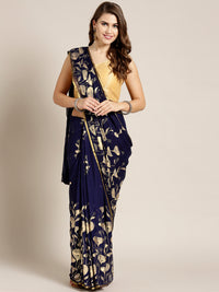 Chhabra 555 Navy Blue Chiffon Hand-dyed saree with Gold Foil Printed Floral Tulip Pattern