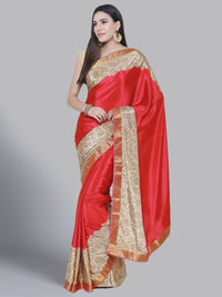 Chhabra 555 Coral Red Satin Silk Saree with floral print and a woven Border