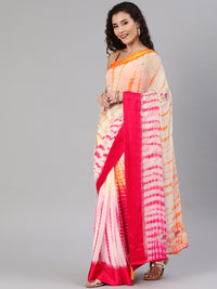 Tie And Dye Georgette Saree with Gotta Patti Peacock Motifs, Satin Border and Tassels