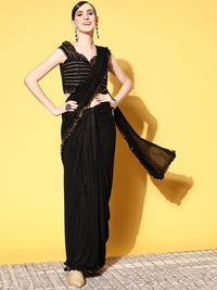 Chhabra 555 Black Pre-Draped Gold Metaillic Lycra Ruffled Off Shoulder Saree with Crystal Embroidery