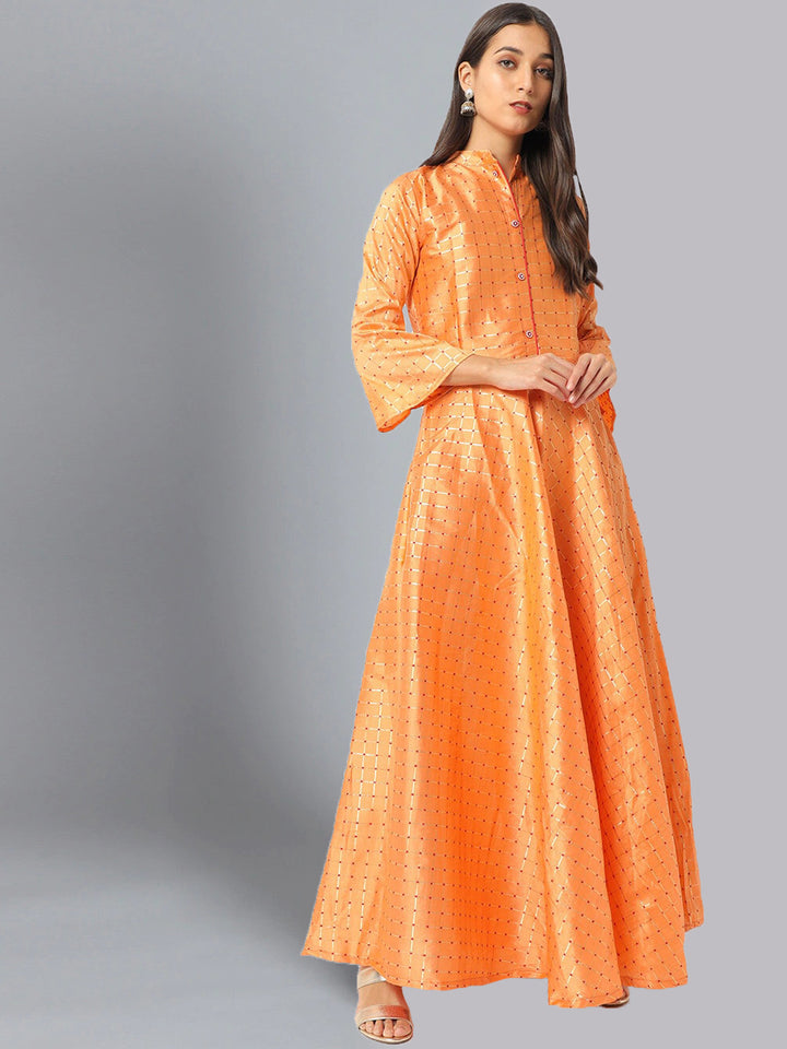 Chanderi Flared Gown with Checked Zari Weaving