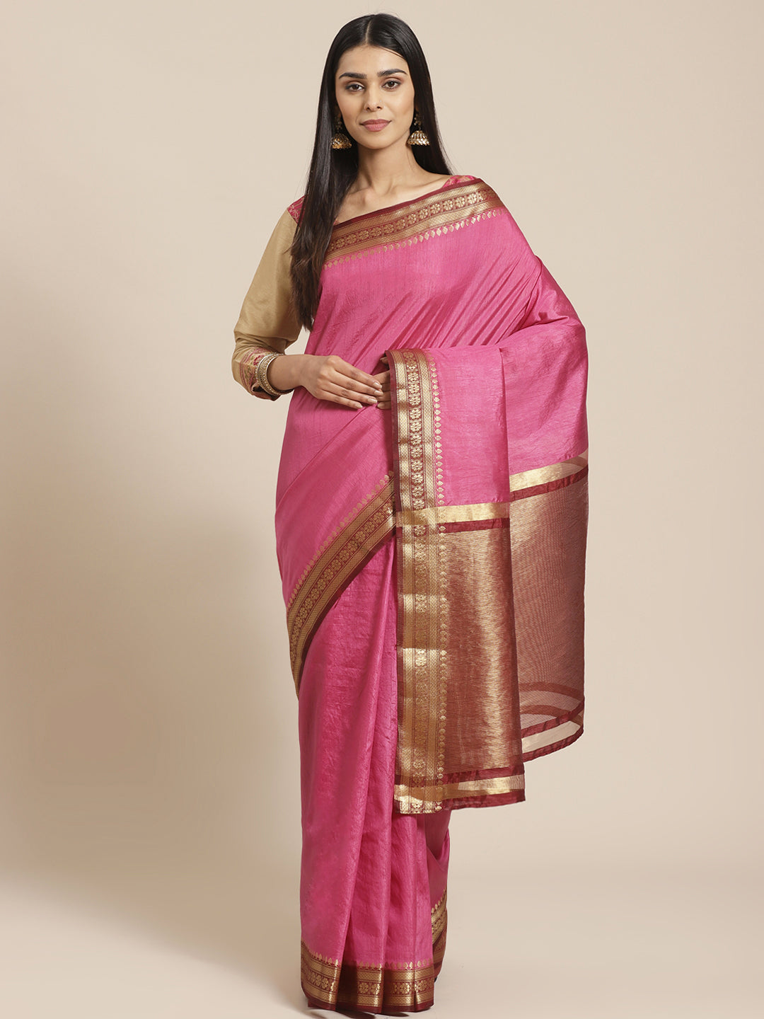 Mysore Silk Saree with Contrast Zari Floral Motif Weaving Border
