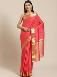 Red Narayan Peth Handloom Chanderi Saree with Temple Gold Zari & Resham Weaving