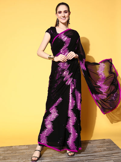 Chhabra 555 Black Sequinned Bling Party wear saree with Abstract Striped Embroidery pattern