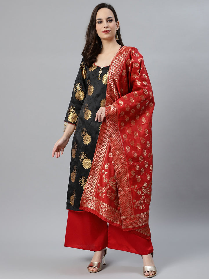 Banarasi Silk Unstitched Suit Set With Gold Tassels & Banarasi Dupatta