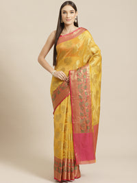 Handloom Banarasi Chanderi Saree with Floral Zari & Resham Weaving , Contrast Blouse