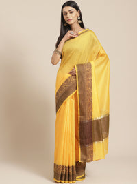 Sunshine Yellow Banarasi Chanderi Saree with Oxdized Floral Resham Weaving