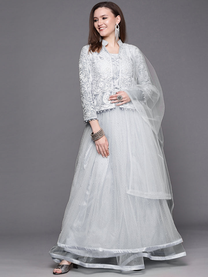 Grey Glitter Embellished Chikankari Jacket Flared Gown