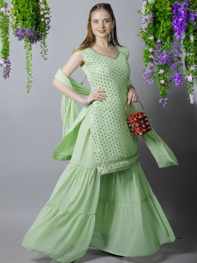 Chhabra 555 Made to Measure Pastel Green Sequin Embroidered Georgette Kurta with Layered Sharara