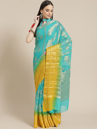 Chhabra 555 Turquoise Ombre Mysore Georgette Handwoven Saree with Peacock Motifs 

Color: Turquoise

Type: NA Sarees

Pattern: Woven Design

Pattern Type: Woven Design

Ornamentation: NA

Border: Woven Design

Fabric: Poly Georgette

Saree length: 5.70 mtr., Width: 1.10 mtr, Blouse length: 0.80 mtr
Dry Clean only

The CAD image gives a detailed look of the actual blouse piece that comes with this saree. The blouse used by the model in the pictures is only for styling purpose.