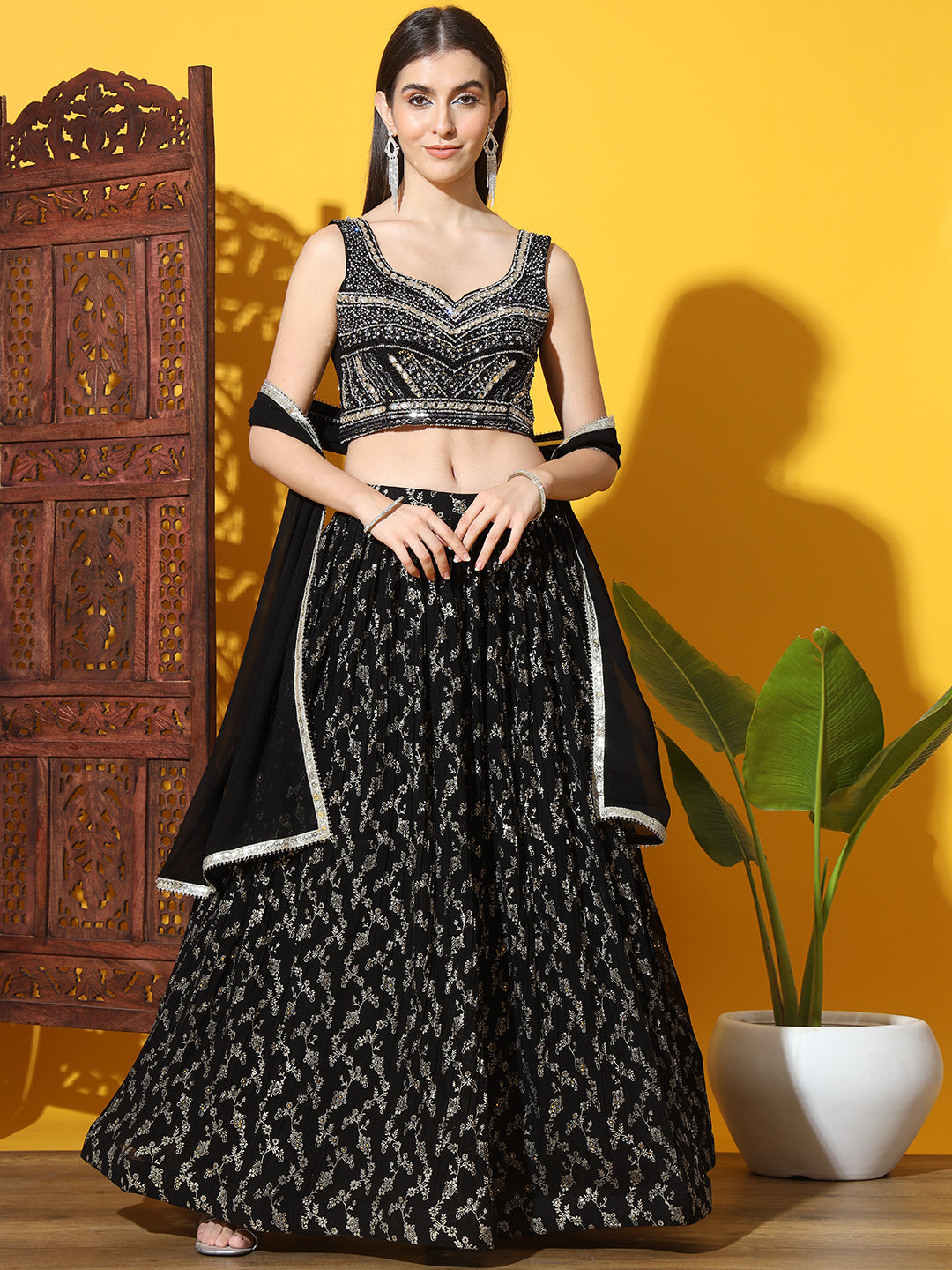 Chhabra 555 Mirror & Zircon Embellished Georgette Lehenga Set with Floral gold Foil Print