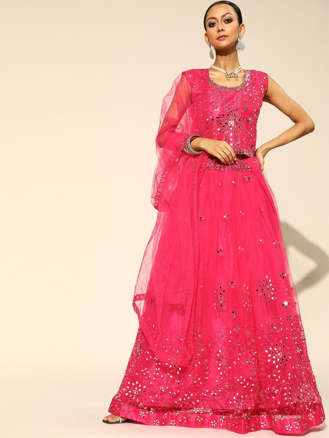 Chhabra 555 Made to Measure Fuchsia Embellished Flared Lehanga Set with Mirror and Resham Embroidery