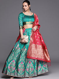 Teal Semi Stitched Banarasi Brocade Silk Lehenga Set with Floral Zari, Meenakari Weaving