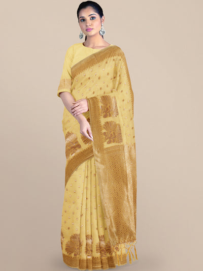 Chhabra 555 Pastel Yellow Zari Woven Embroidered Silk Blend Banarasi Saree