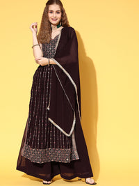 Chhabra 555 Coffee Brown Resham, Mirror, Sequin Embroidered High Slit Nyraa Style Kurta Palazzo Set
