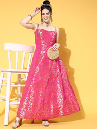 Fuchsia Banarasi Brocade Anarkali Gown with lace Strap Neckline