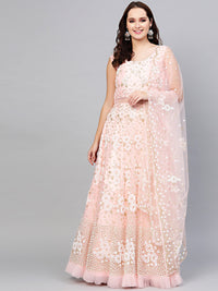 Chhabra 555 PInk Cocktail Gown with Pearl Glitter embellishements, Ruffled hemline and cutwork dupatta