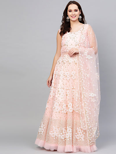 Chhabra 555 PInk Cocktail Gown with Pearl Glitter embellishements, Ruffled hemline and cutwork dupatta