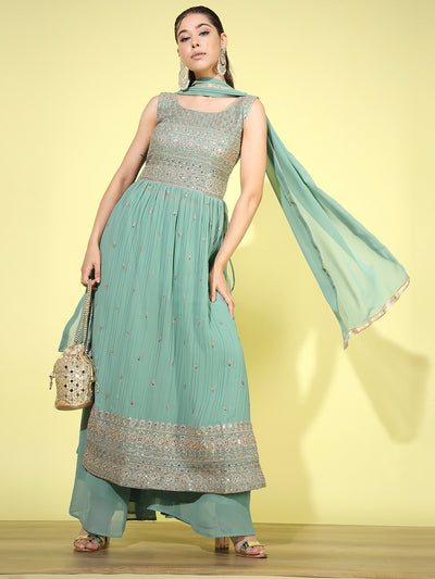 Chhabra 555 Made-to-Measure Green Zari Embroidered & Sequence Embellished Long Nayra-Cut High Slit Pleated Kurta With Flared Palazzo Dupatta Set