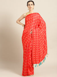 Chhabra 555 Red Peach Checkered Gharchola style Silk Saree with Peacock motif Embroidered Blouse