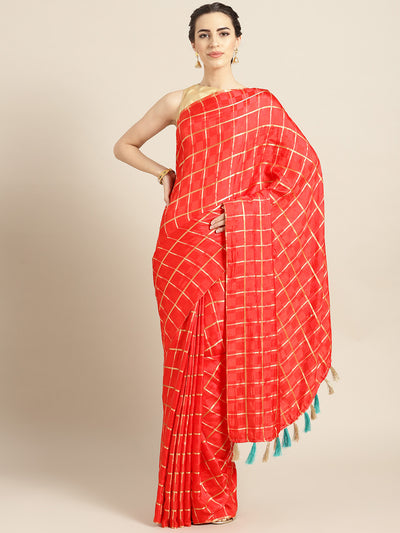 Chhabra 555 Red Peach Checkered Gharchola style Silk Saree with Peacock motif Embroidered Blouse