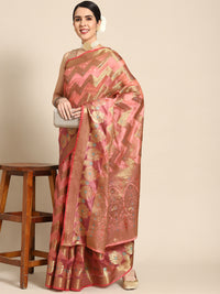 Chhabra 555 Gajari Pink Banarasi Chevron Pattern Oxidised Zari & Resham Weaving Chanderi Saree