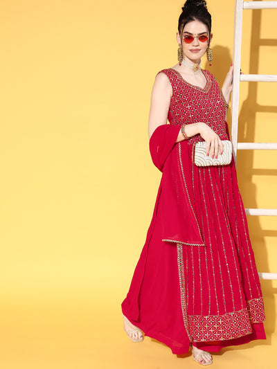 Chhabra 555 Magenta Resham, Mirror, Sequin Embroidered High Slit Nyraa Style Kurta Palazzo Set