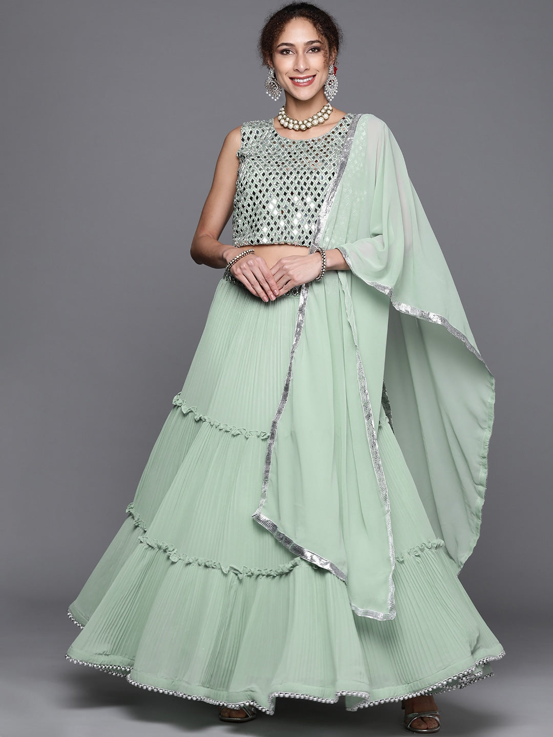 Made to Measure Pastel Mirror Work Embroidered Georgette Lehanga Choli Set With laces