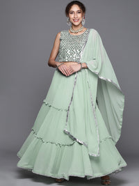 Made to Measure Pastel Mirror Work Embroidered Georgette Lehanga Choli Set With laces