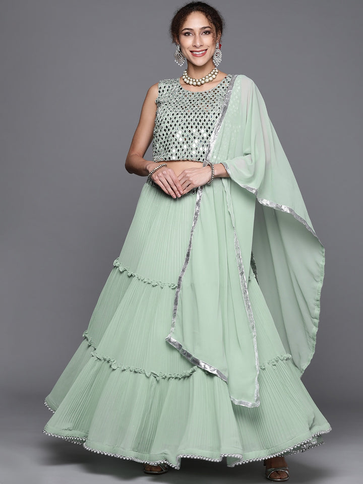 Made to Measure Pastel Mirror Work Embroidered Georgette Lehanga Choli Set With laces