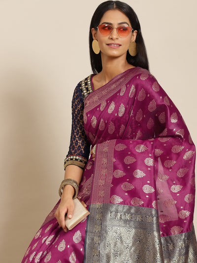 Chhabra 555 Burgundy Silk Blend Banarasi Woven Saree With Contrast Border