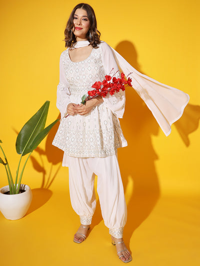 Chhabra 555 Made-to-Measure Off White Resham & Zari Embroidered Peplum Suit Embellished With Patiala Salwar Dupatta Set 