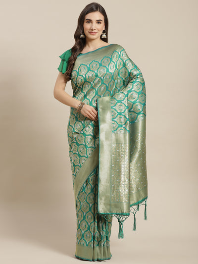 Chhabra 555 Green Traditional Banarasi saree with Gold & Silver Zari Mughal motifs

Color: Green

Type: Banarasi Sarees

Pattern: Woven Design

Pattern Type: Ethnic Motifs

Ornamentation: Zari

Border: Woven Design

Fabric: Silk Blend

Saree length: 5.30 mtr., Width: 1.10 mtr, Blouse length: 0.80 mtr
Dry Clean Only

The CAD image gives a detailed look of the actual blouse piece that comes with this saree. The blouse used by the model in the pictures is only for styling purpose.