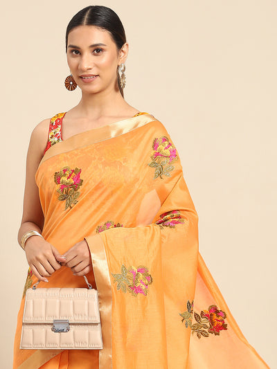 Chhabra 555 Orange Mustard Floral Resham Thread Embroidery Cotton Tussar Saree with Gold Zari Border