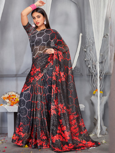 Chhabra 555 Sequin Embroidered Cocktail Saree with Digital Print Honeycomb Pattern and Red Flowers
