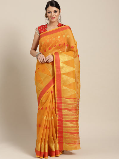 Chhabra 555 Yellow Chanderi Silk saree with Zari and Resham weaving in a traditional temple pattern