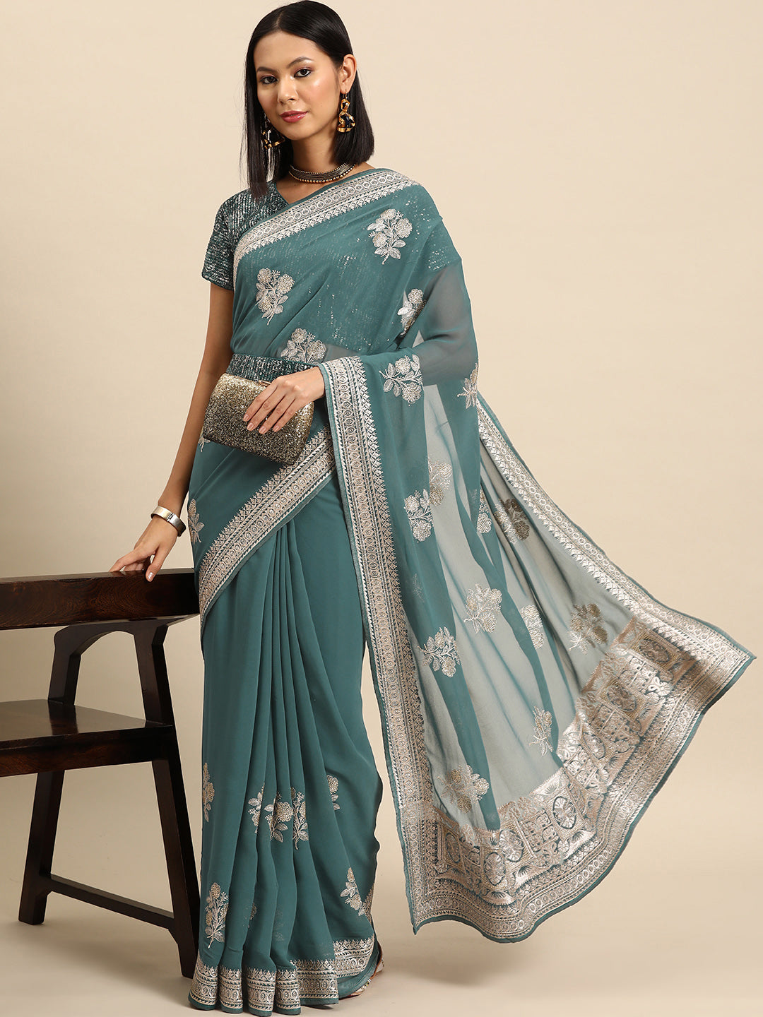 Chhabra 555 Teal Gold Thread Aari Embroidery & Swaroaski Embellished Floral Ethnic Geogette Saree