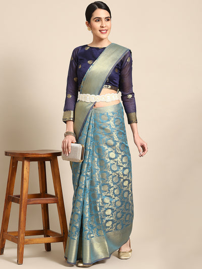 Chhabra 555 Teal Blue Banarasi Floral Jaal Zari Woven Embroidered Art Silk Traditional Saree