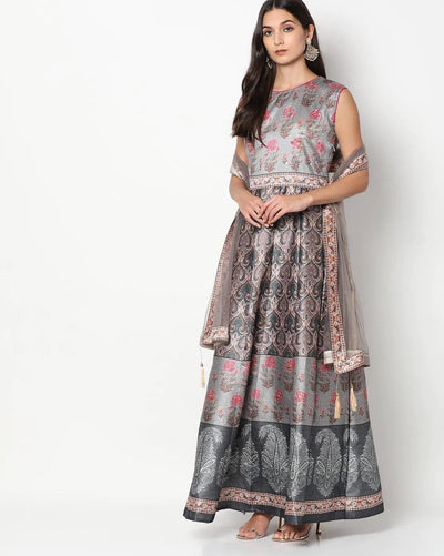 Chhabra 555 Made to Measure Ikat inspired Digital Print Gown With Net Dupatta