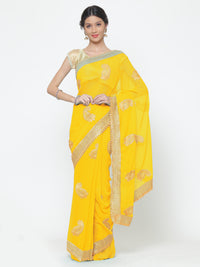 Bright Yellow Georgette Saree With Resham Embroidery