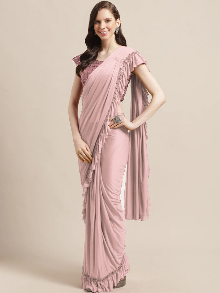 Baby Pink Ruffled Romantic Saree with Festive Layering & Bling Sequence Embroidery Blouse