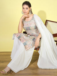 Chhabra 555 Made to Measure White Kurta Palazzo Suit Set Embellished With Heavy Multi Color Resham & Zari Embroidery