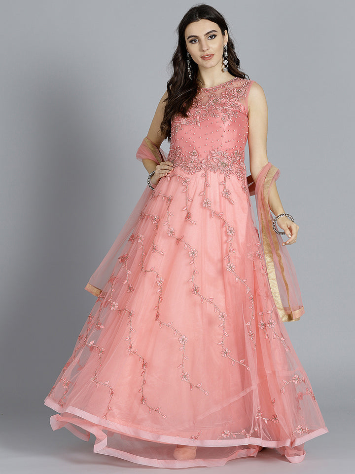 Chhabra 555 Rose Pink Embellished Resham Embroidered Kurta Set making beautiful floral patterns