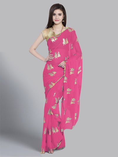 Chhabra 555 Pink Chiffon Foil Print Embellished Party Wear Saree