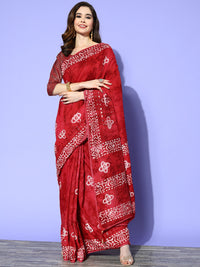 Chhabra 555 Red Batik Printed & Resham & Sequin Embellished Cotton Saree with laces Border 