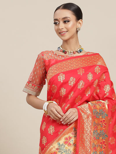 Chhabra 555 Red Floral Resham Embroidered & Stone Embellished Silk Woven Traditional Banarasi Saree