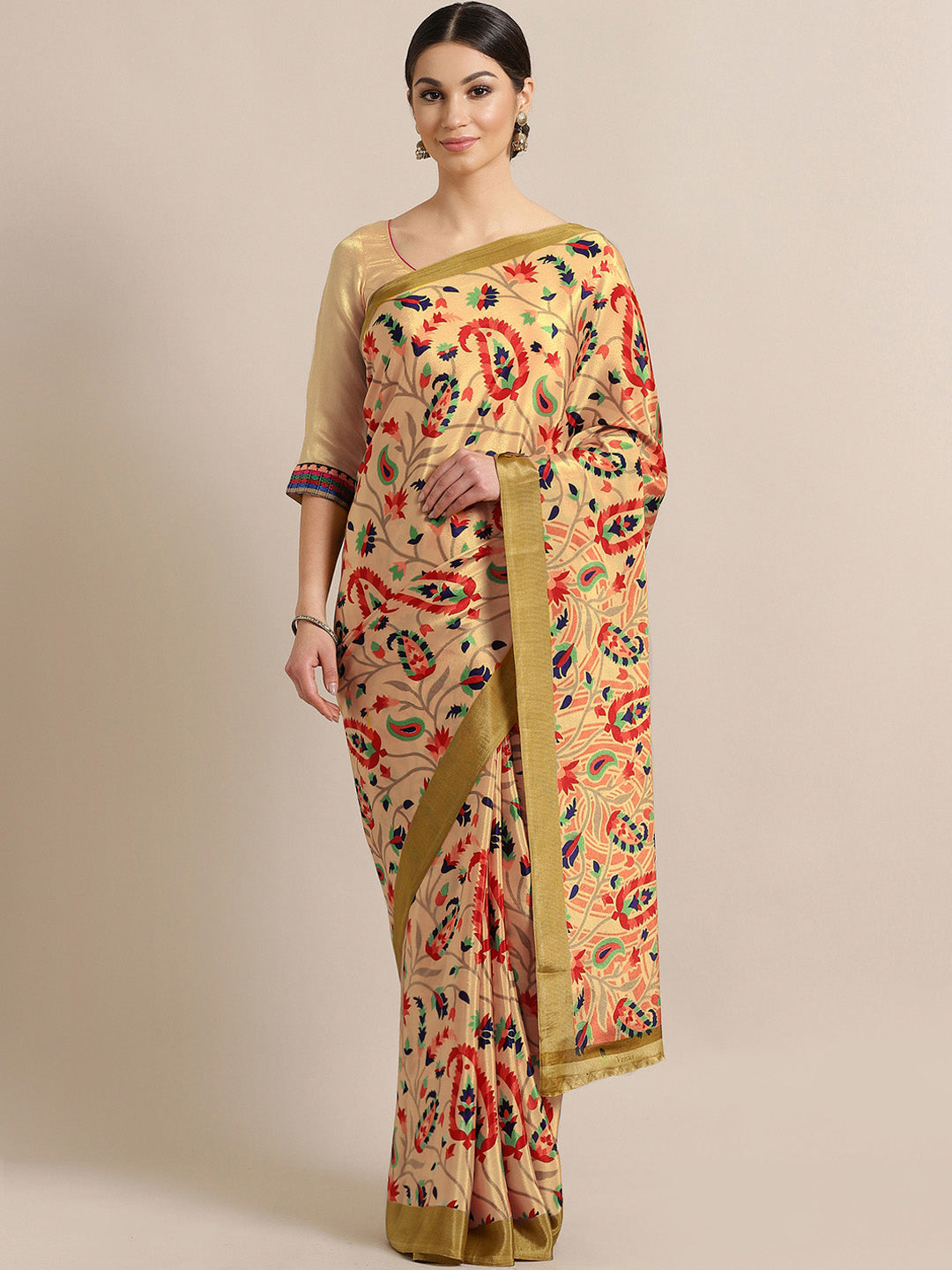 French Crepe SIlk printed Saree with Ethnic Paisley multicolor Digital design