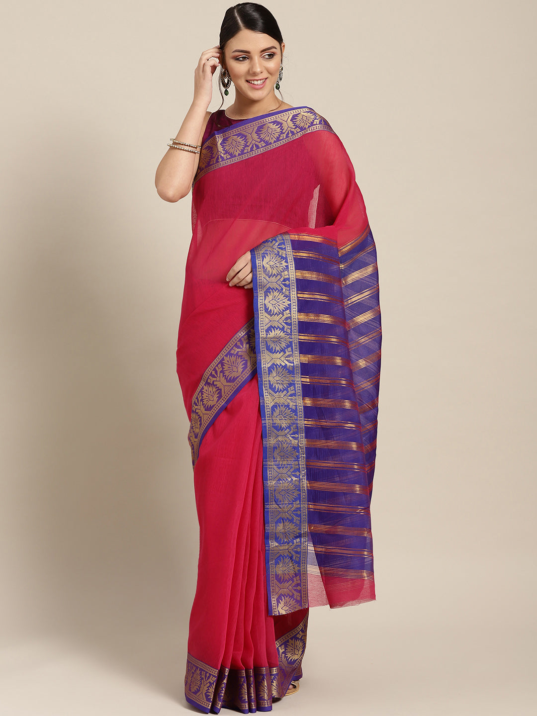 Chhabra 555 Pink Chanderi Silk saree with contrast Zari woven border