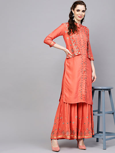 Chhabra 555 Peach Cotton Kurta Set with attached Short Jacket and Embroidered Sharara