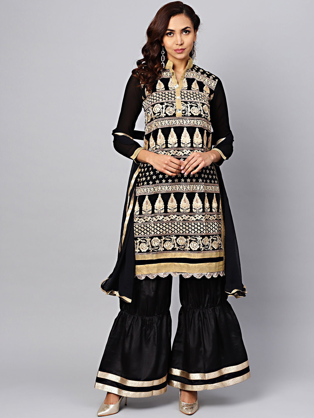 Chhabra 555 Black Embroidered Kurta Set with Crystal Embellishments and Pallazos